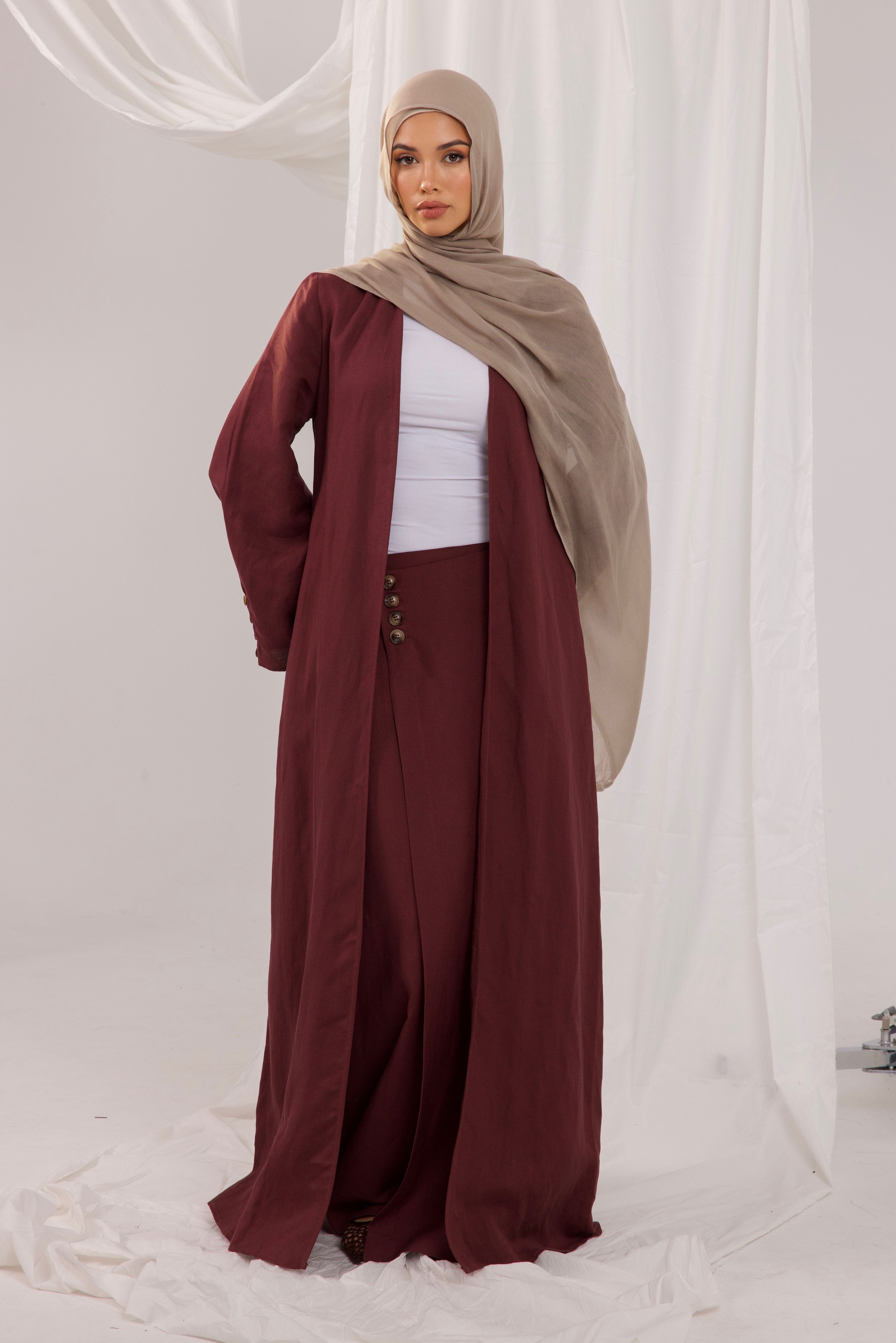 Sienna Linen Open Abaya - Mahogany