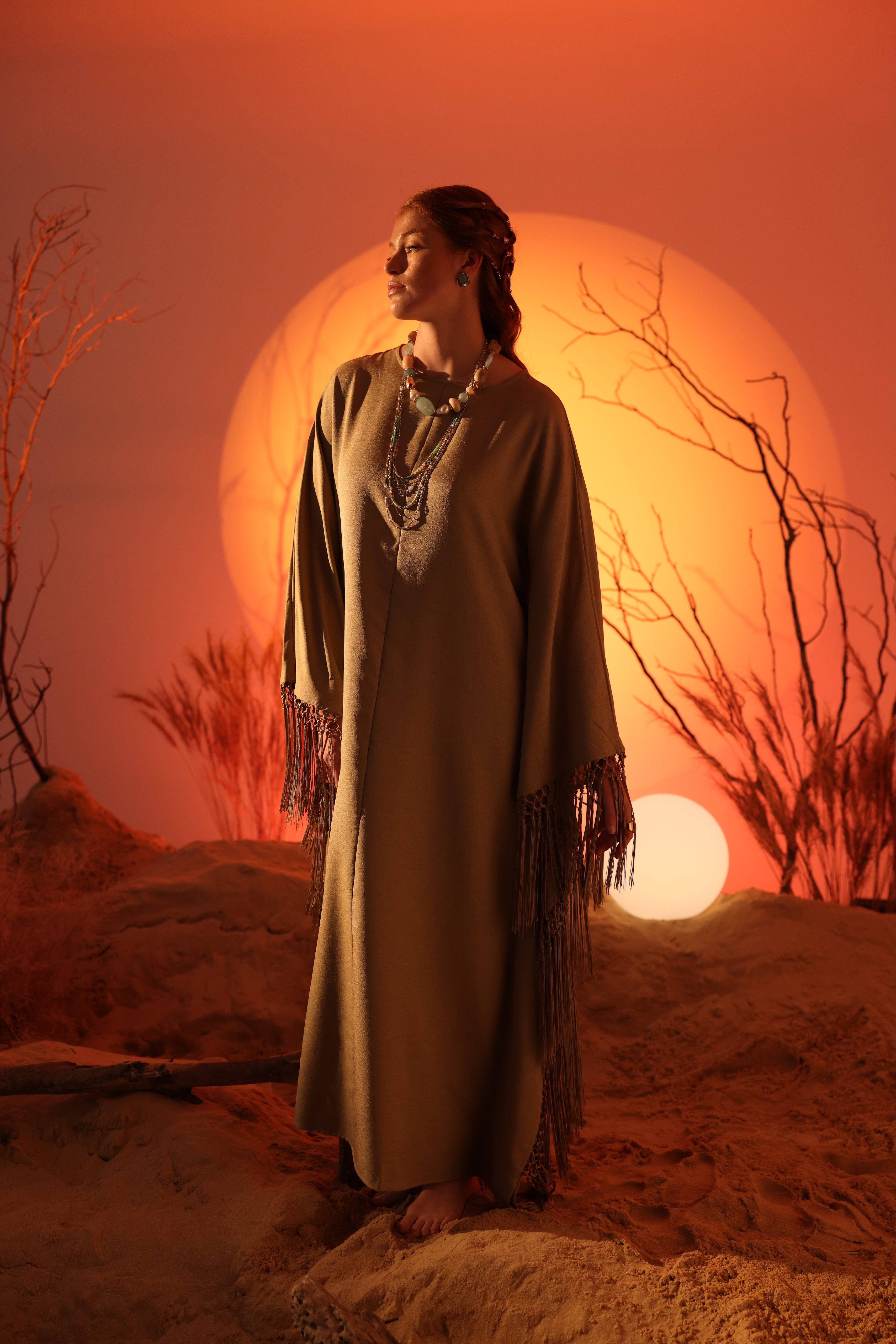 Fringed Batwing Abaya - Mushroom Brown