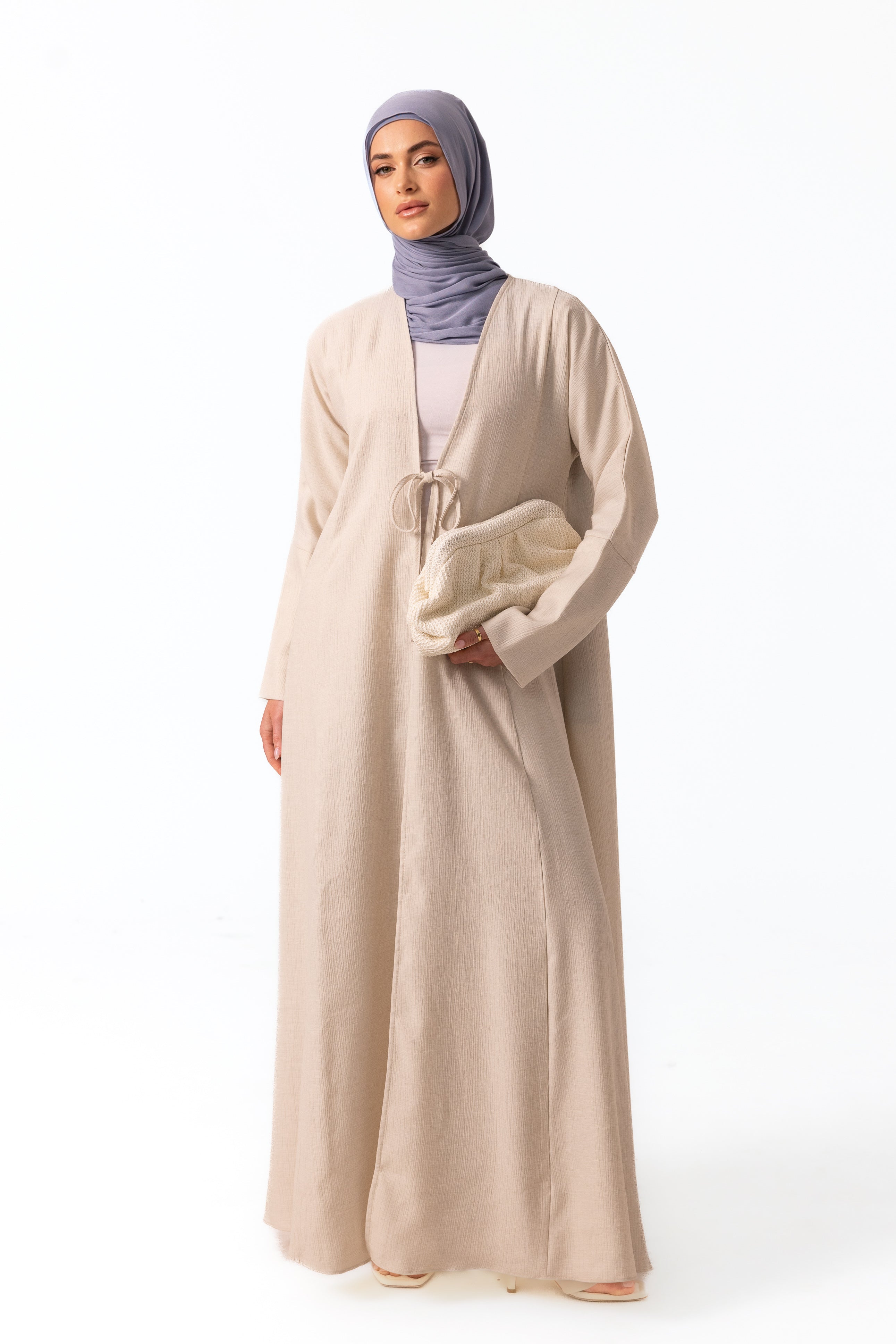 Yara Crinkle Tie Up Abaya - Oat