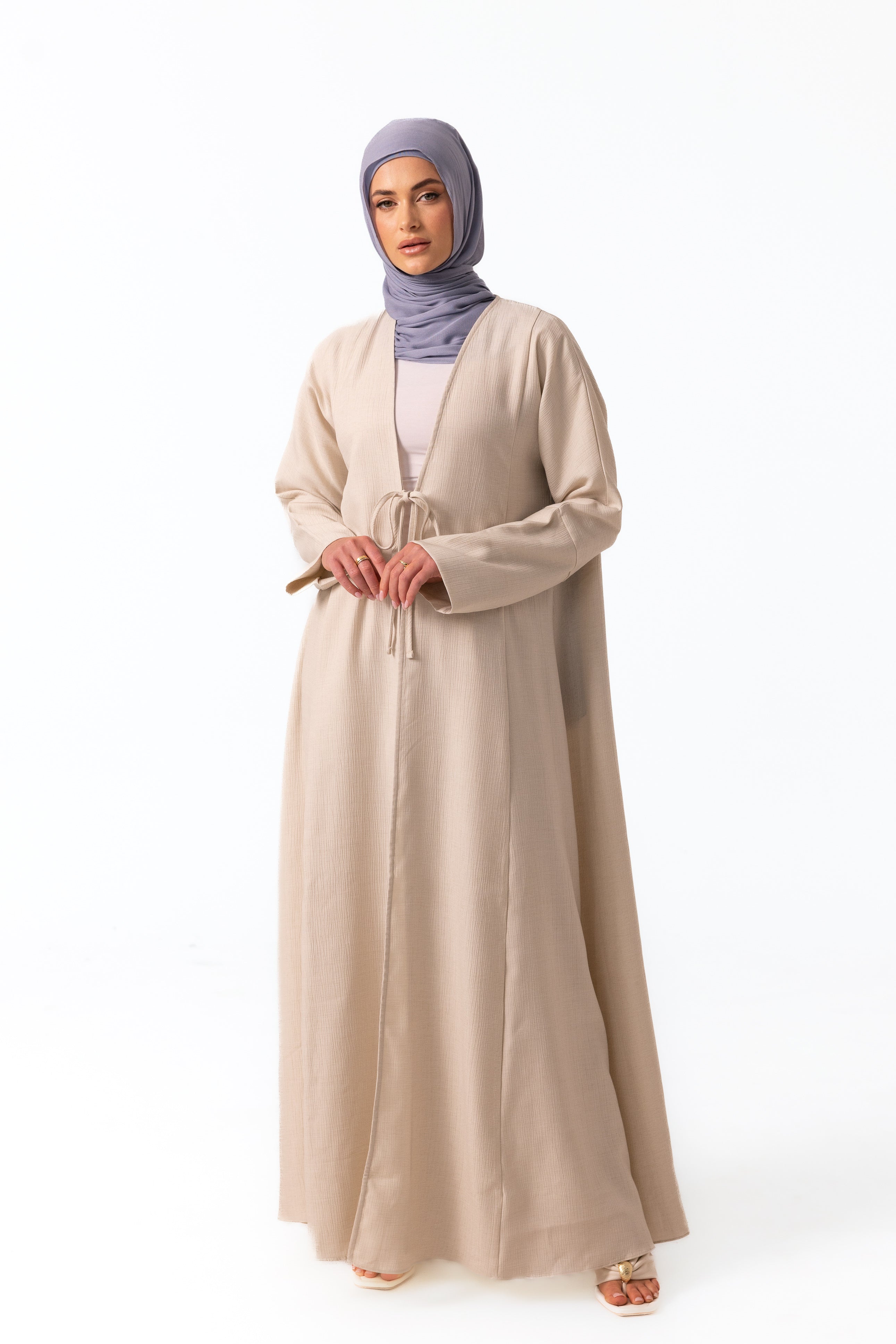 Yara Crinkle Tie Up Abaya - Oat