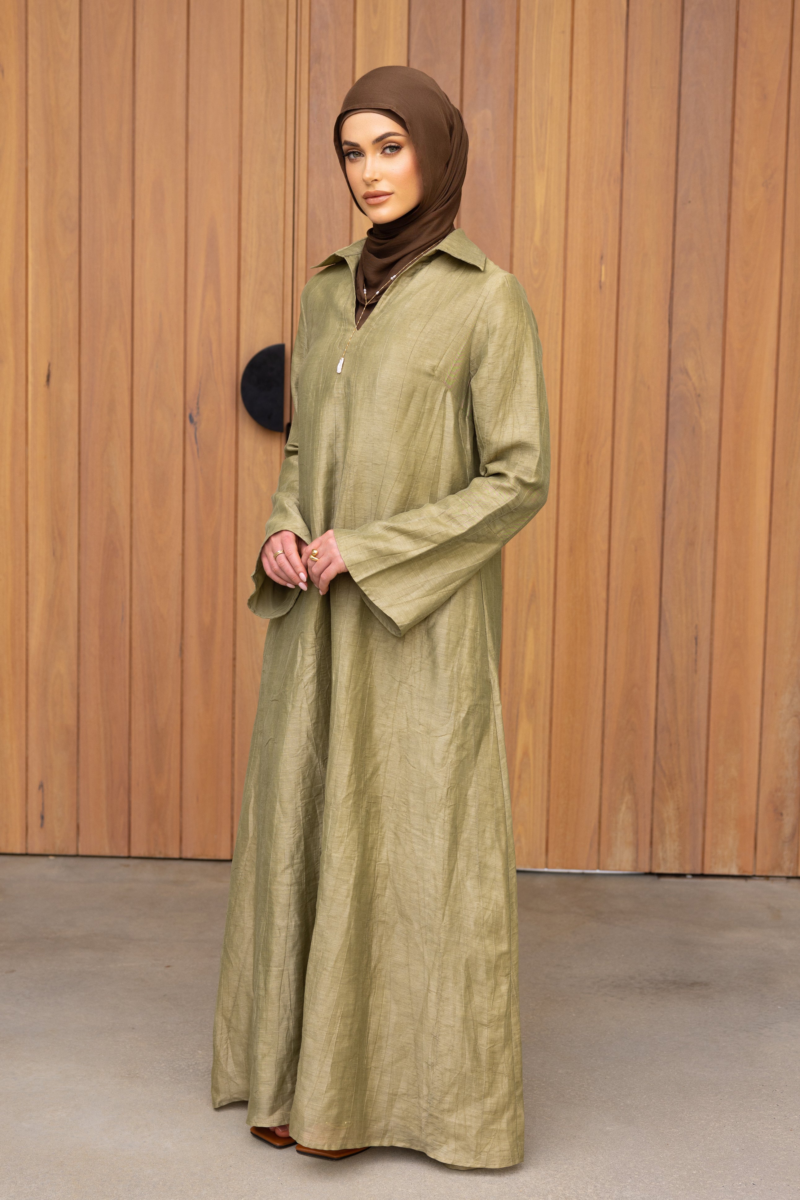 Nadira Collared Kaftan Abaya - Khaki