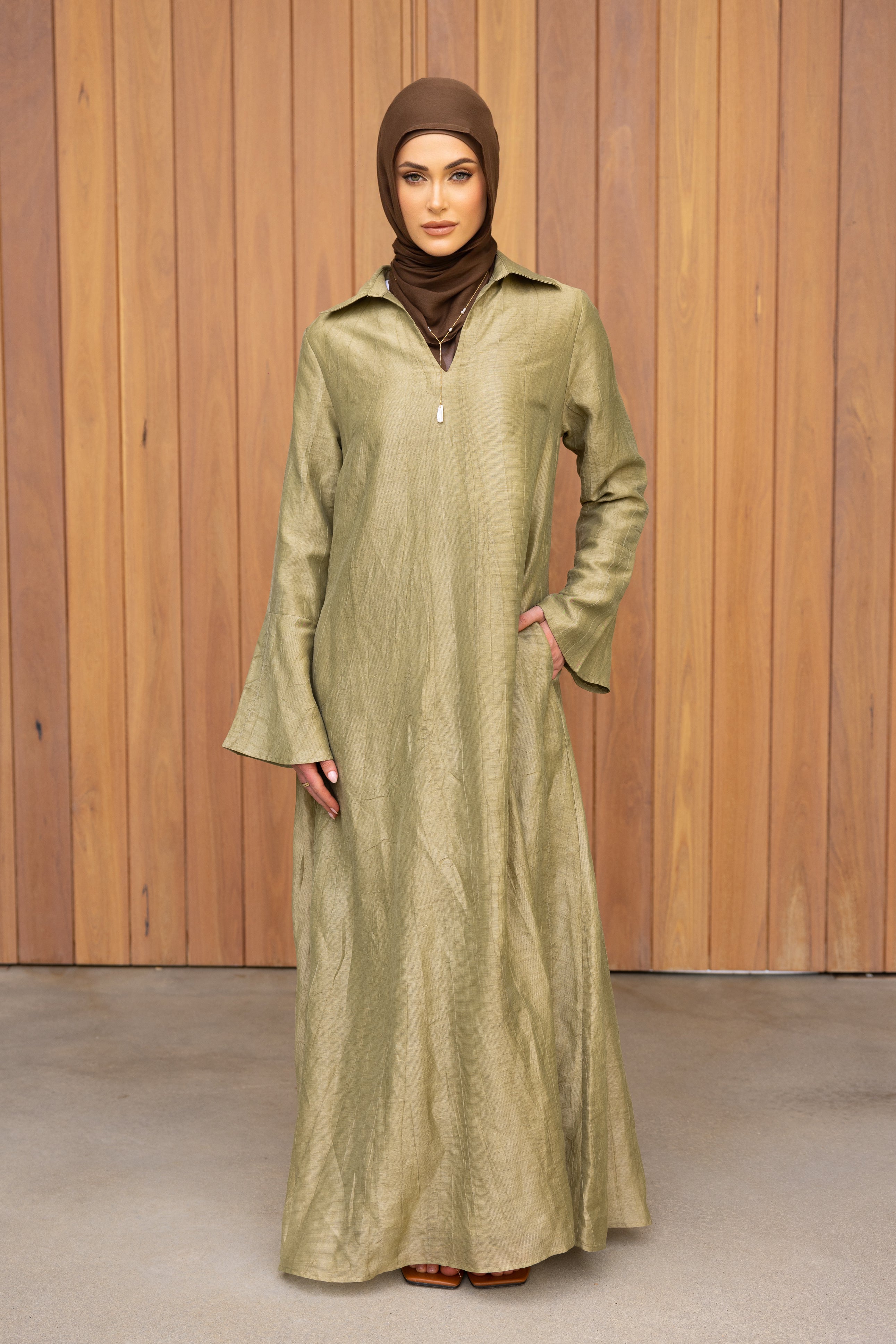 Nadira Collared Kaftan Abaya - Khaki