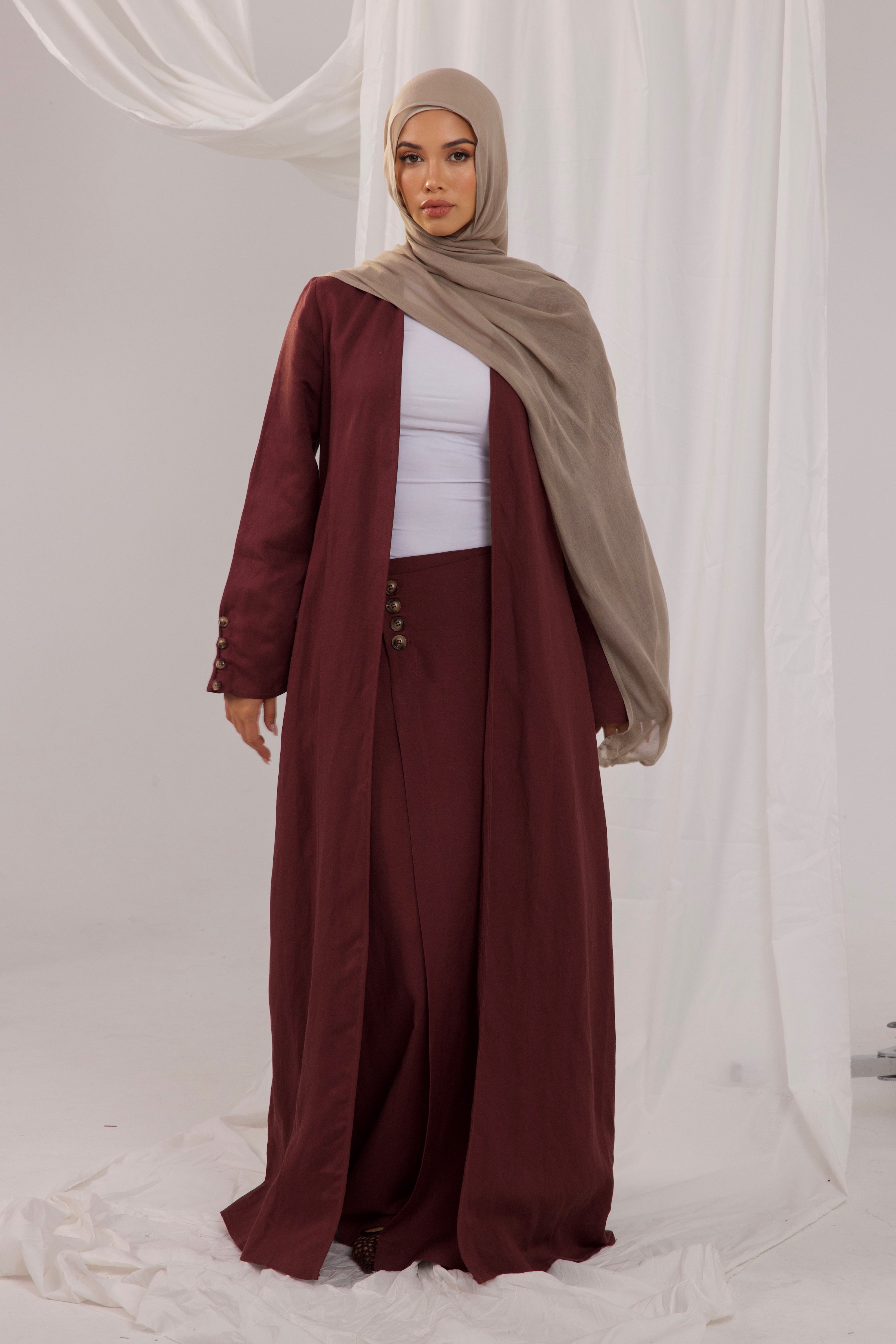 Sienna Linen Open Abaya - Mahogany