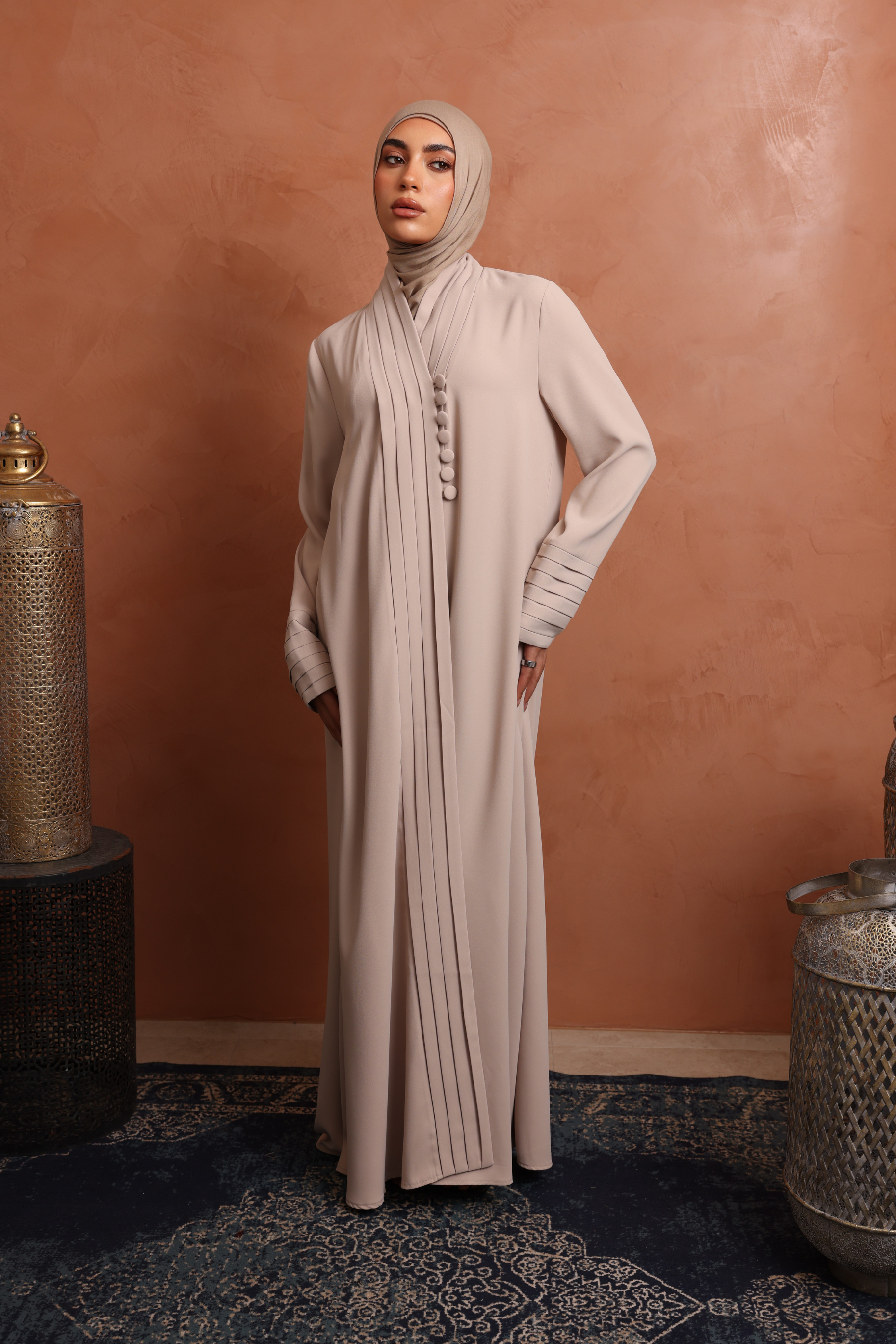 Nala Pleated Button Abaya - Light Blush