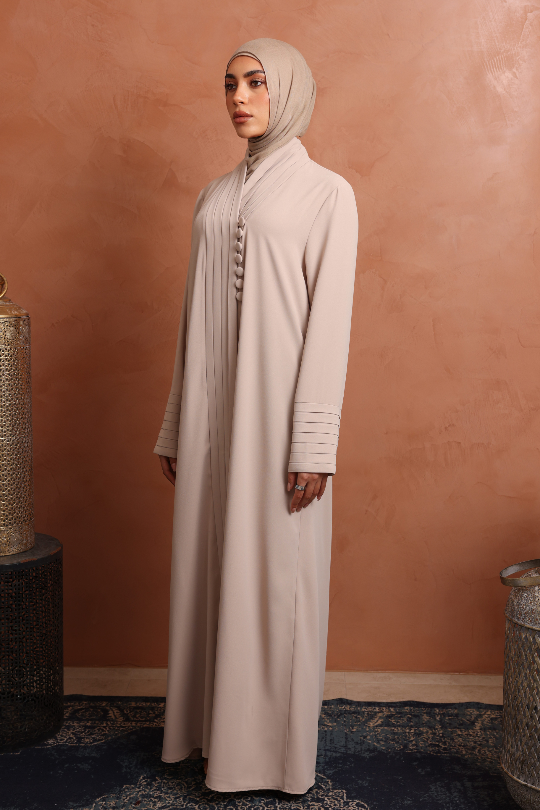 Nala Pleated Button Abaya - Light Blush