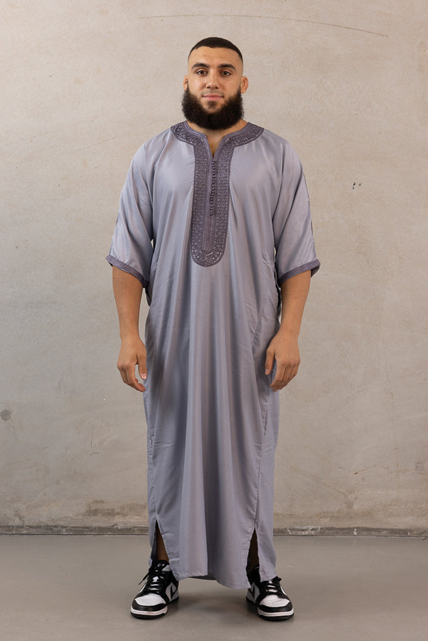 Moroccan Plain Short Sleeve Thobes - Grey with Charcoal Embroidery