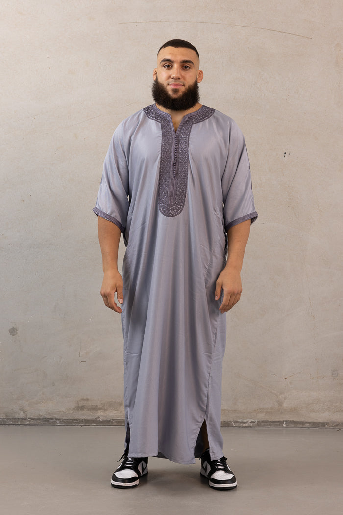 Moroccan Plain Short Sleeve Thobes - Grey with Charcoal Embroidery