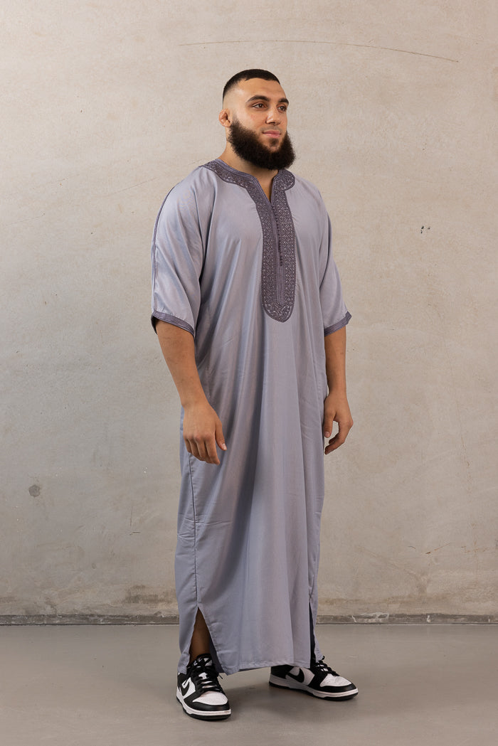 Moroccan Plain Short Sleeve Thobes - Grey with Charcoal Embroidery