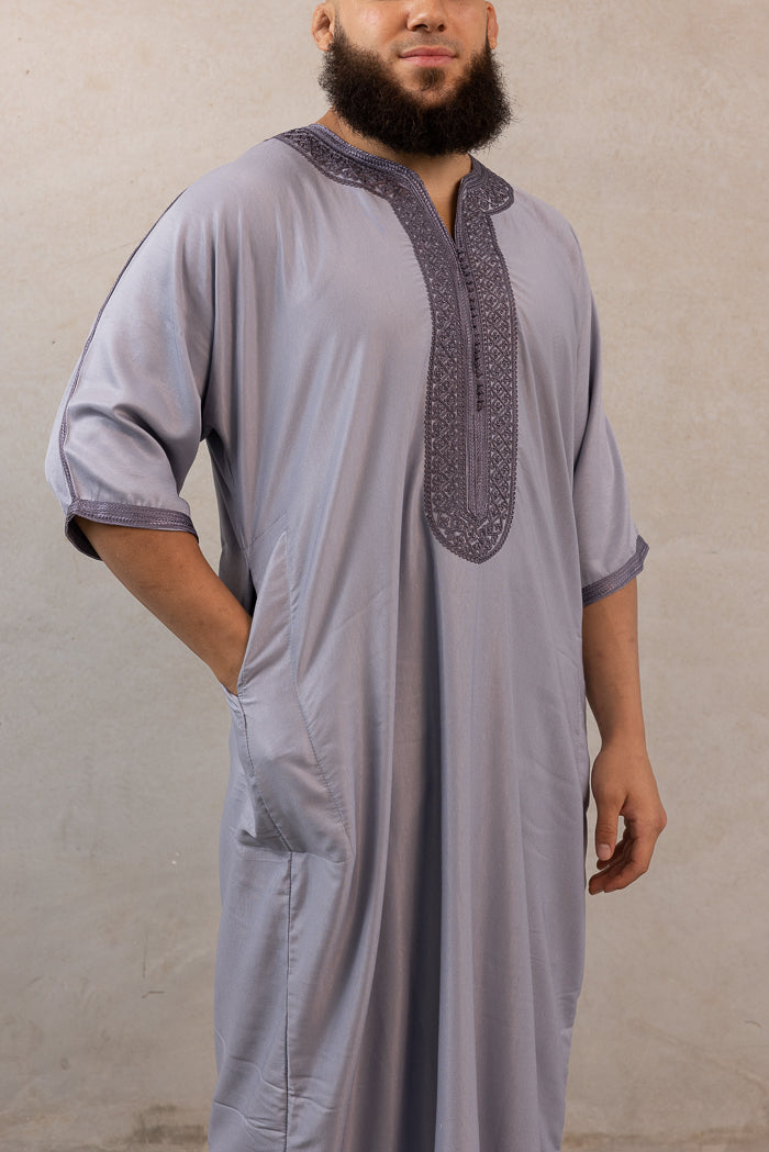 Moroccan Plain Short Sleeve Thobes - Grey with Charcoal Embroidery