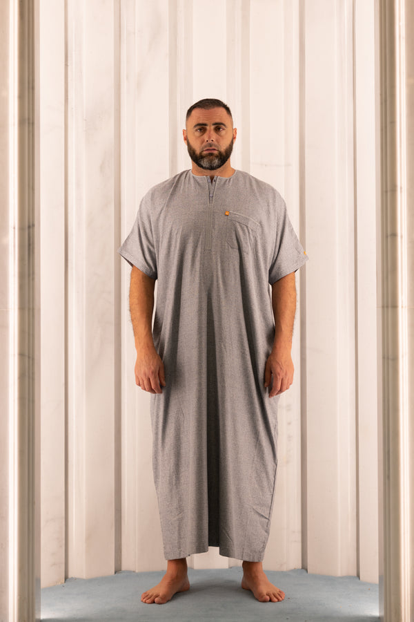 Mens Ikaf Cotton Short Sleeve Abaya - Grey