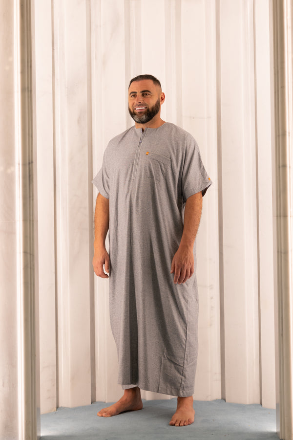 Mens Ikaf Cotton Short Sleeve Abaya - Grey
