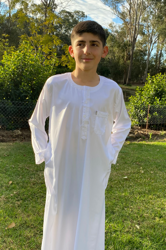 Youth Ikaf Long Sleeve Abaya - Embroidered White