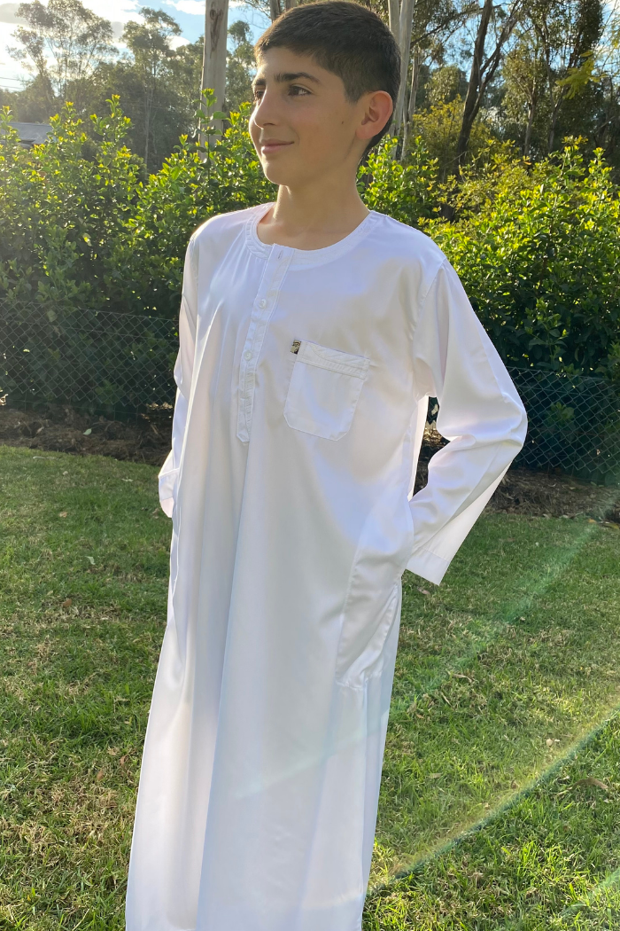 Youth Ikaf Long Sleeve Abaya - Embroidered White